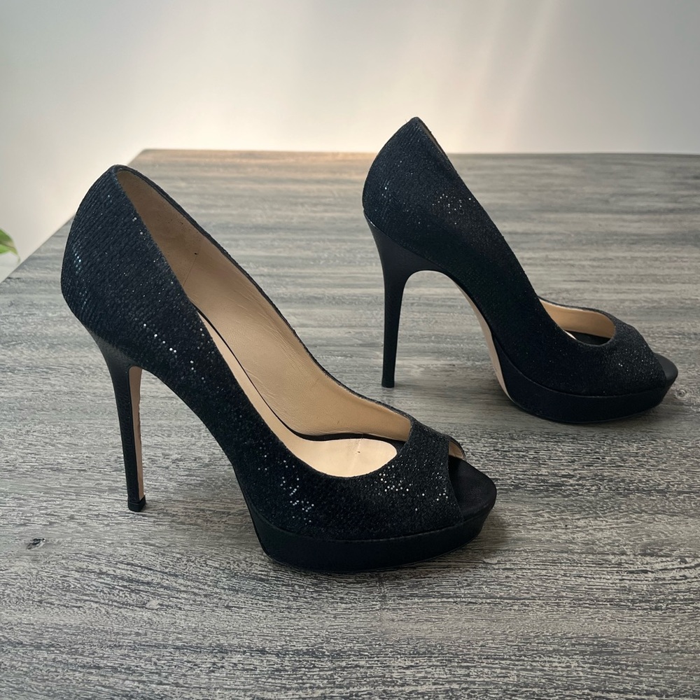 Jimmy Choo Black Glitter Fabric platform pump. Size 9 .